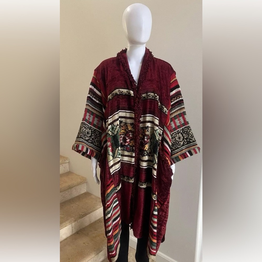 ETRO Red/Multicolor Pattern-Knit Velvet Long Cardigan Jacket, Size Small